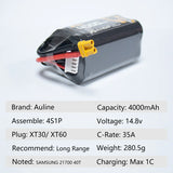 Auline 21700 40T 4000mAh 4S 35A 14.8V Li-ion Battery XT60